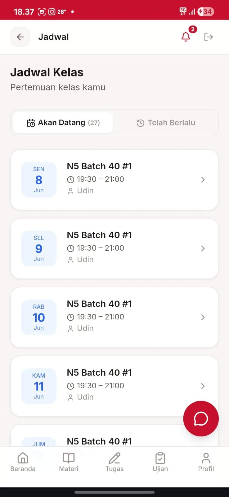 Jadwal Kelas di Aplikasi WKWK JAPANESE