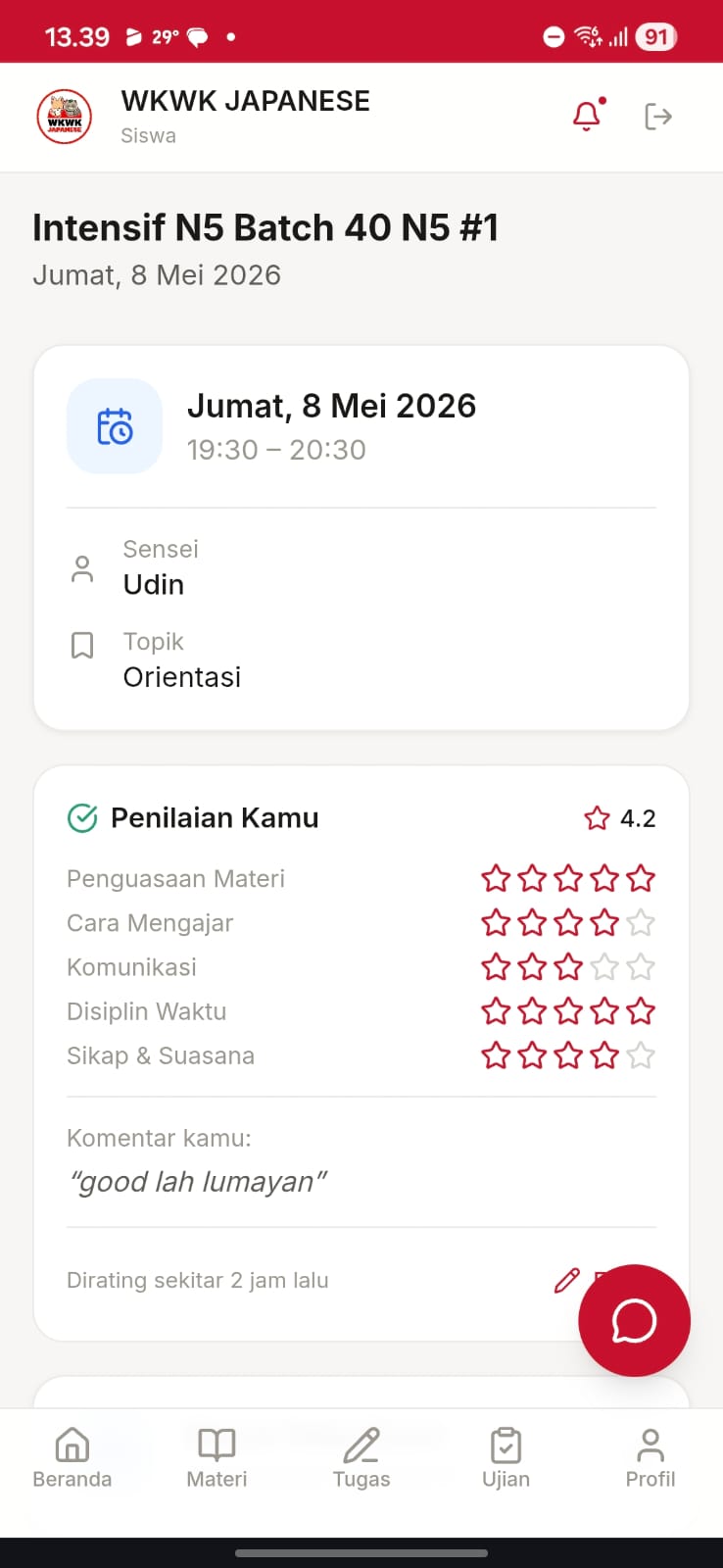 Penilaian Sensei di Aplikasi WKWK JAPANESE